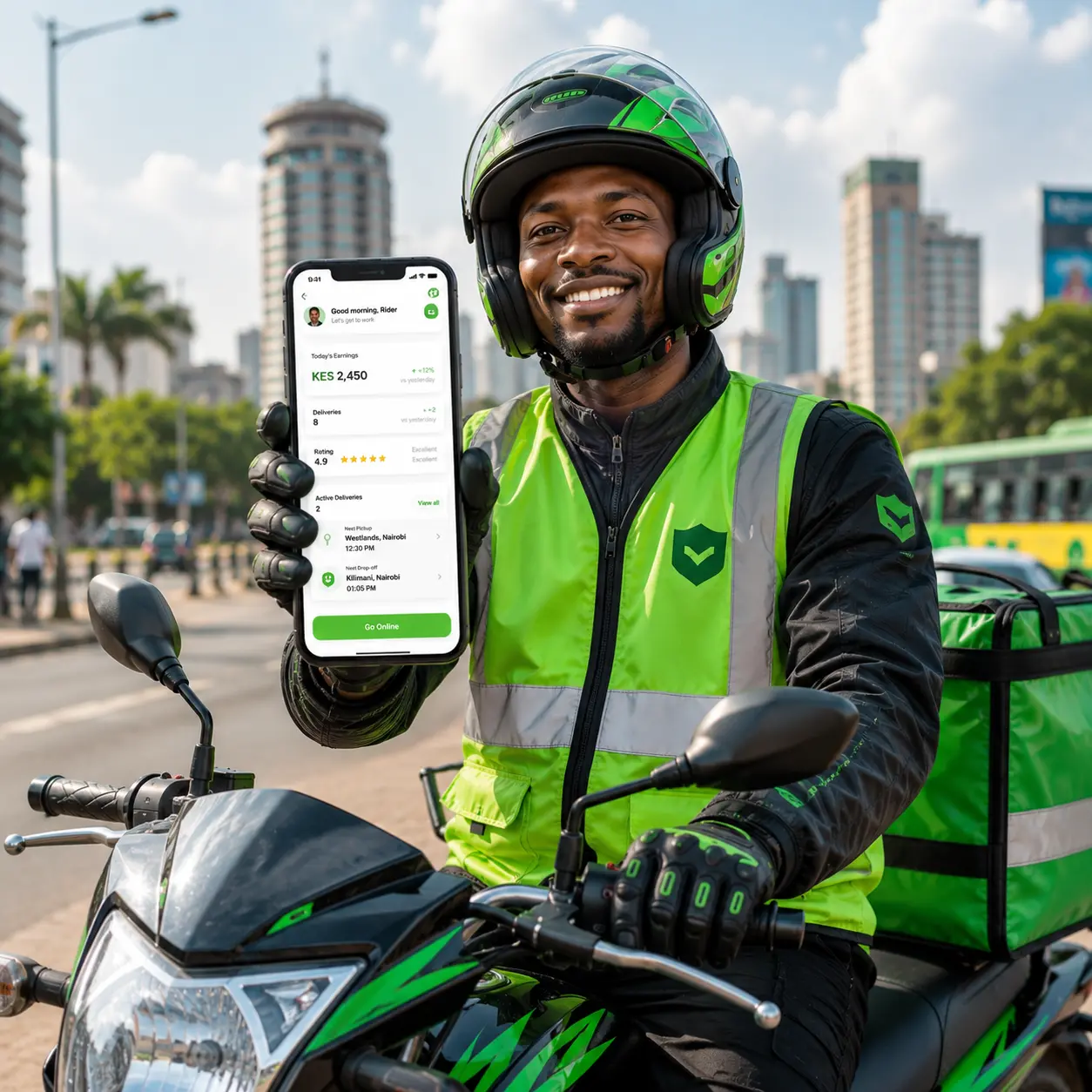 Suivi Rider delivering packages on a motorcycle in Nairobi