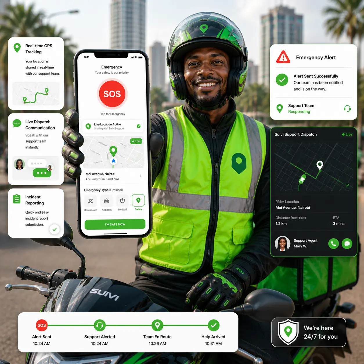 Suivi rider with safety gear navigating Nairobi
